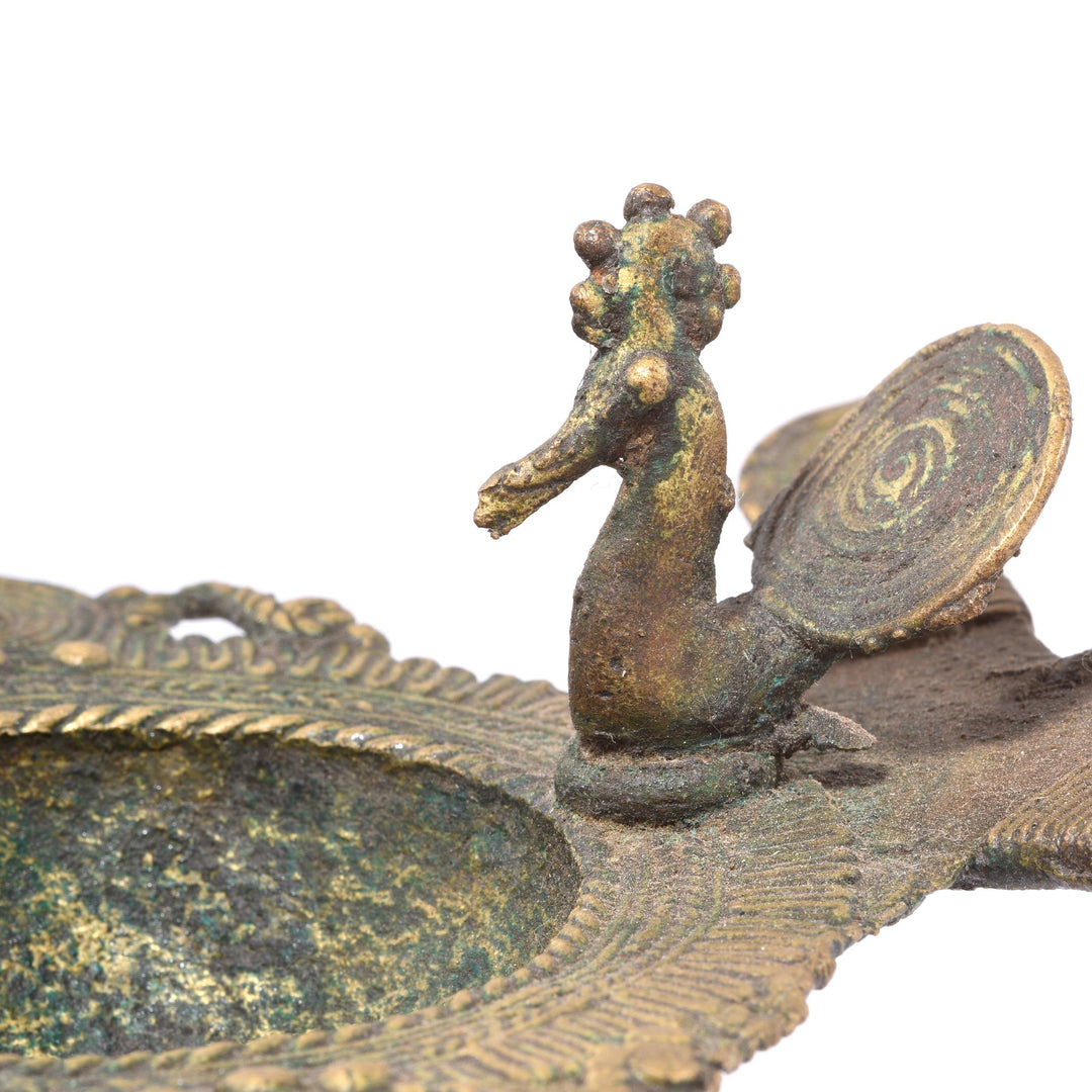 Peacock Detail of an Antique Indian Brass Dhokra Work Oil Lamp With Peacock Riding an Elephant From Chhattisgarh - Ca 1910 | Indigo Antiques | Indigo Antiques