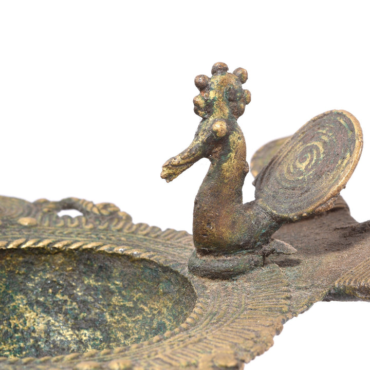 Peacock Detail of an Antique Indian Brass Dhokra Work Oil Lamp With Peacock Riding an Elephant From Chhattisgarh - Ca 1910 | Indigo Antiques | Indigo Antiques