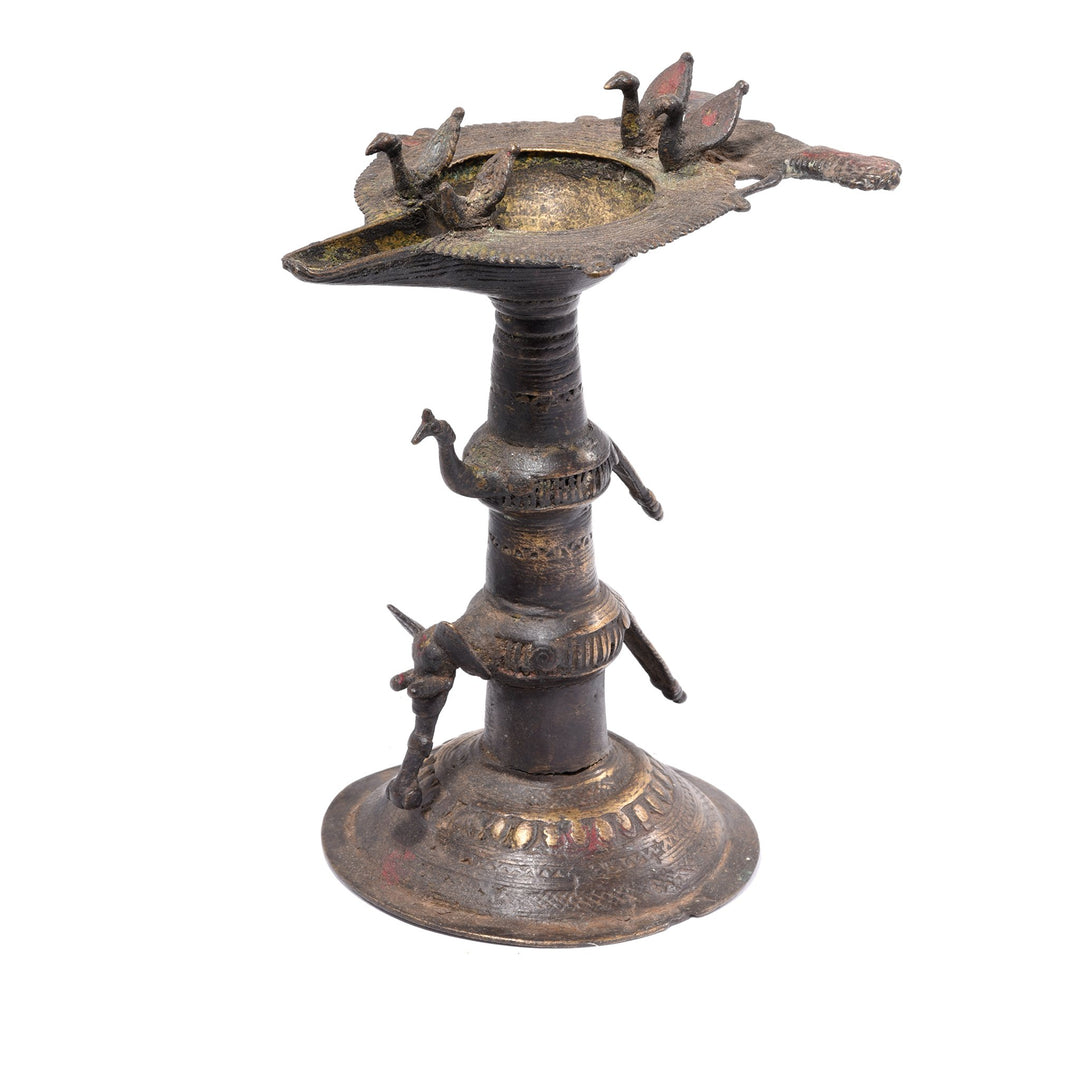 Antique Indian Brass Dhokra Work Oil Lamp With Elephant & Peacock From Chhattisgarh - Ca 1910 | Indigo Antiques