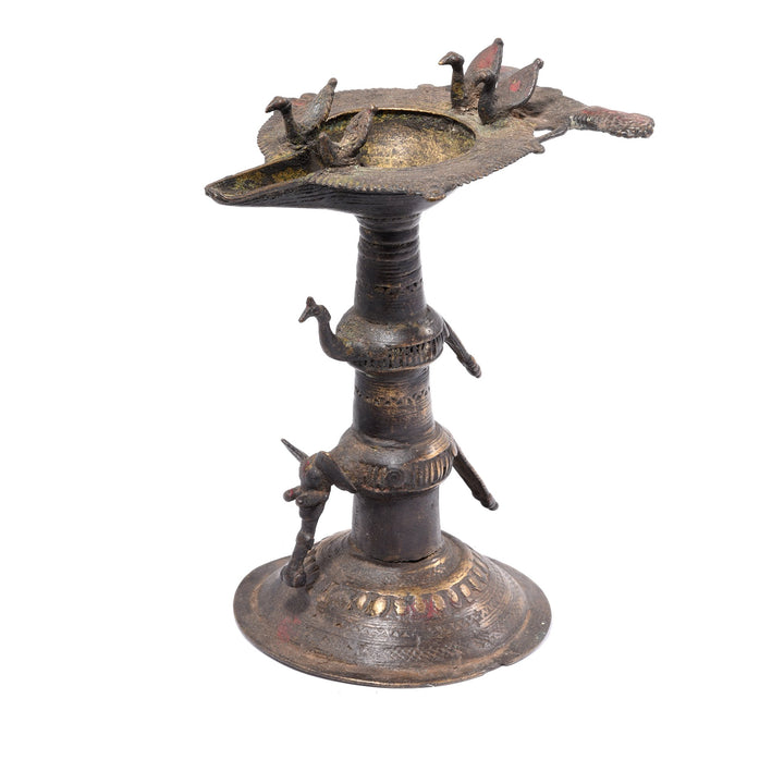 Antique Indian Brass Dhokra Work Oil Lamp With Elephant & Peacock From Chhattisgarh - Ca 1910 | Indigo Antiques