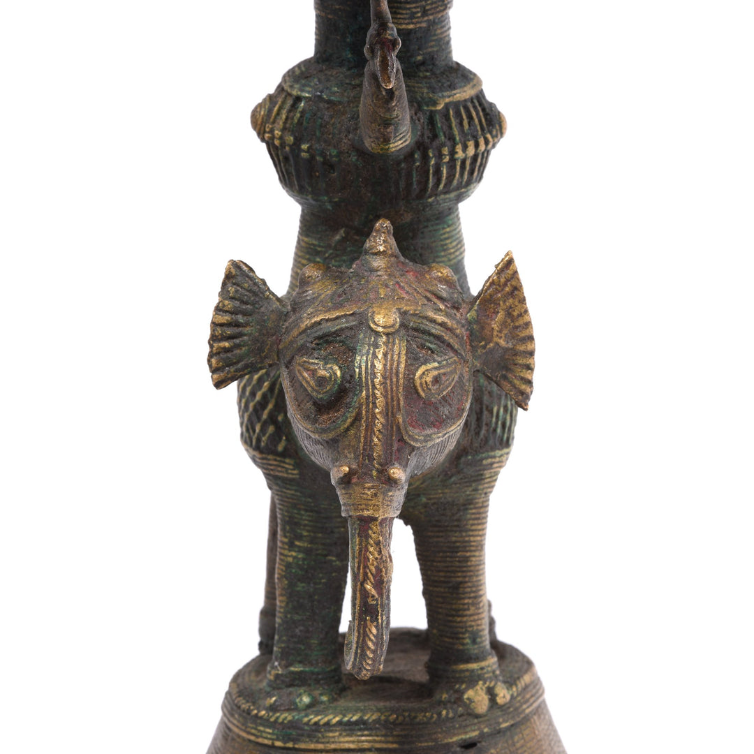 Elephant Detail of an Antique Indian Brass Dhokra Work Oil Lamp With Peacock Riding an Elephant From Chhattisgarh - Ca 1910 | Indigo Antiques | Indigo Antiques