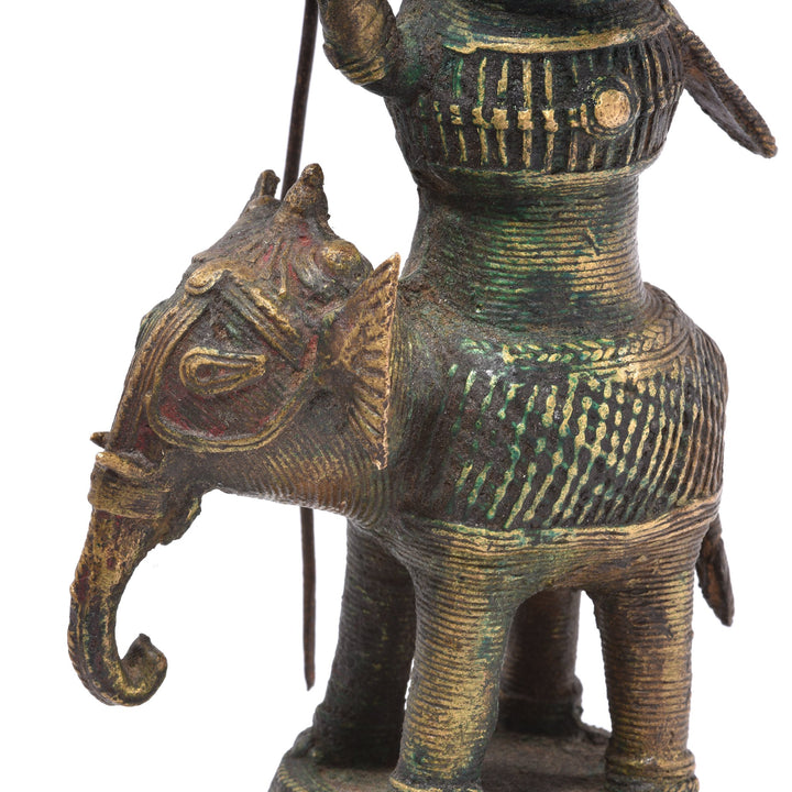 Elephant Detail of an Antique Indian Brass Dhokra Work Oil Lamp With Peacock Riding an Elephant From Chhattisgarh - Ca 1910 | Indigo Antiques | Indigo Antiques