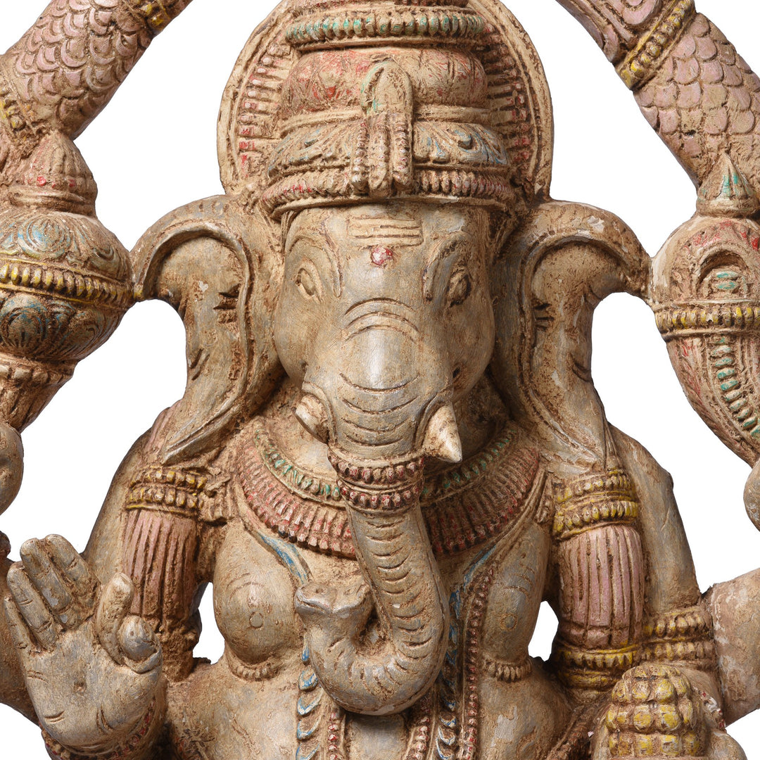 Face Detail of Carved & Painted Wooden South Indian Ganesh Statue - Reproduction | Indigo Antiques