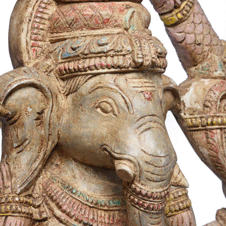 Face Detail of Carved & Painted Wooden South Indian Ganesh Statue - Reproduction | Indigo Antiques