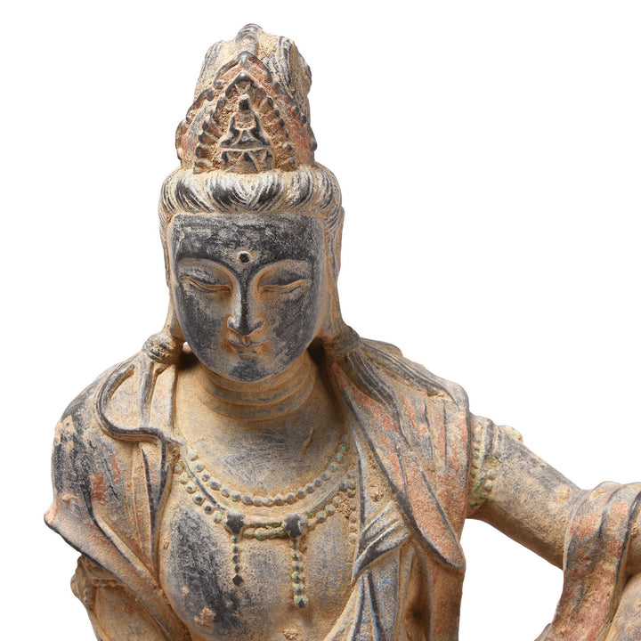 Face Detail Of Carved Stone Seated Guanyin Statue | Indigo Antiques