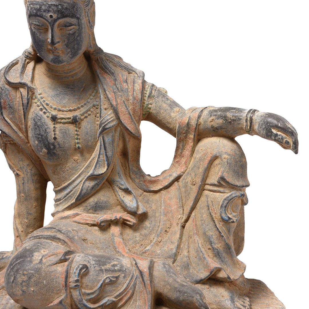 Detail Of Carved Stone Seated Guanyin Statue | Indigo Antiques