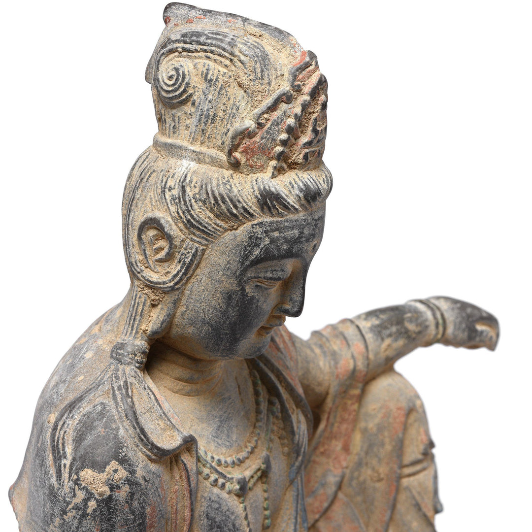 Profile View Of Carved Stone Seated Guanyin Statue | Indigo Antiques