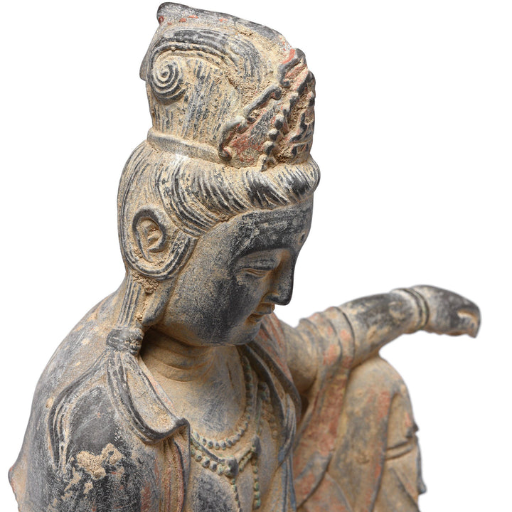Profile View Of Carved Stone Seated Guanyin Statue | Indigo Antiques