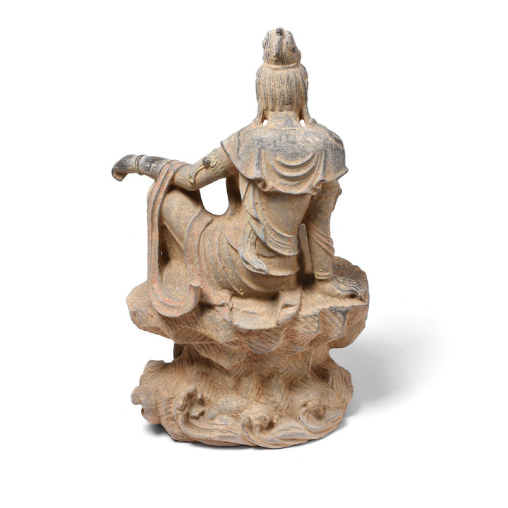 Back View Of Carved Stone Seated Guanyin Statue | Indigo Antiques