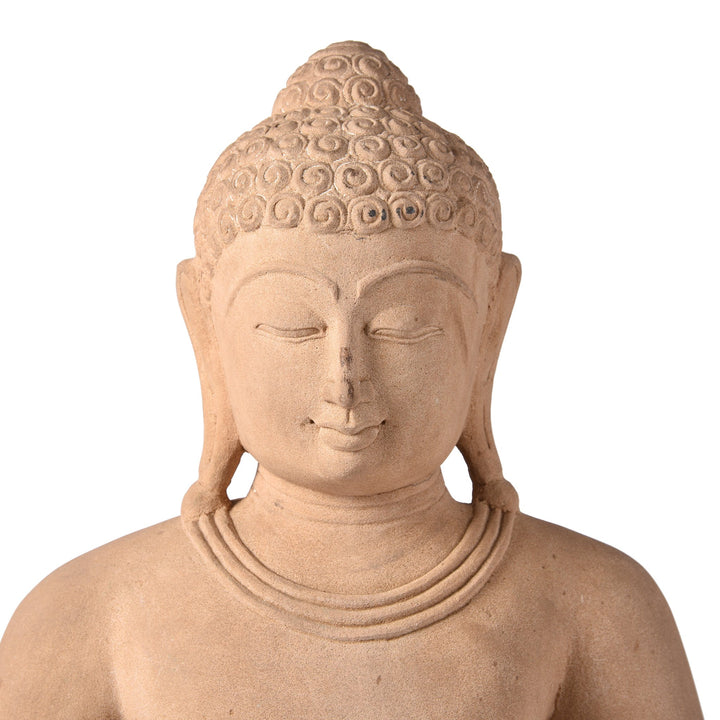 Face Detail of a Carved Stone Sitting Buddha Statue in Dhyana Mudra Pose From Patna | Indigo Antiques