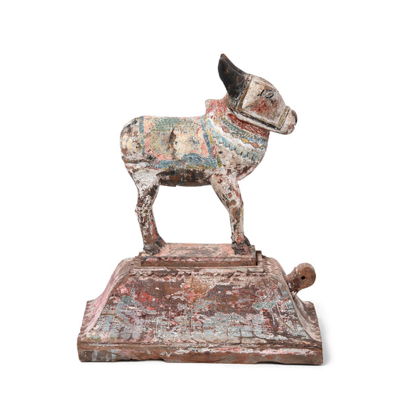 Carved Teak Nandi Bull Toy From Rajasthan - Ca 75 yrs old