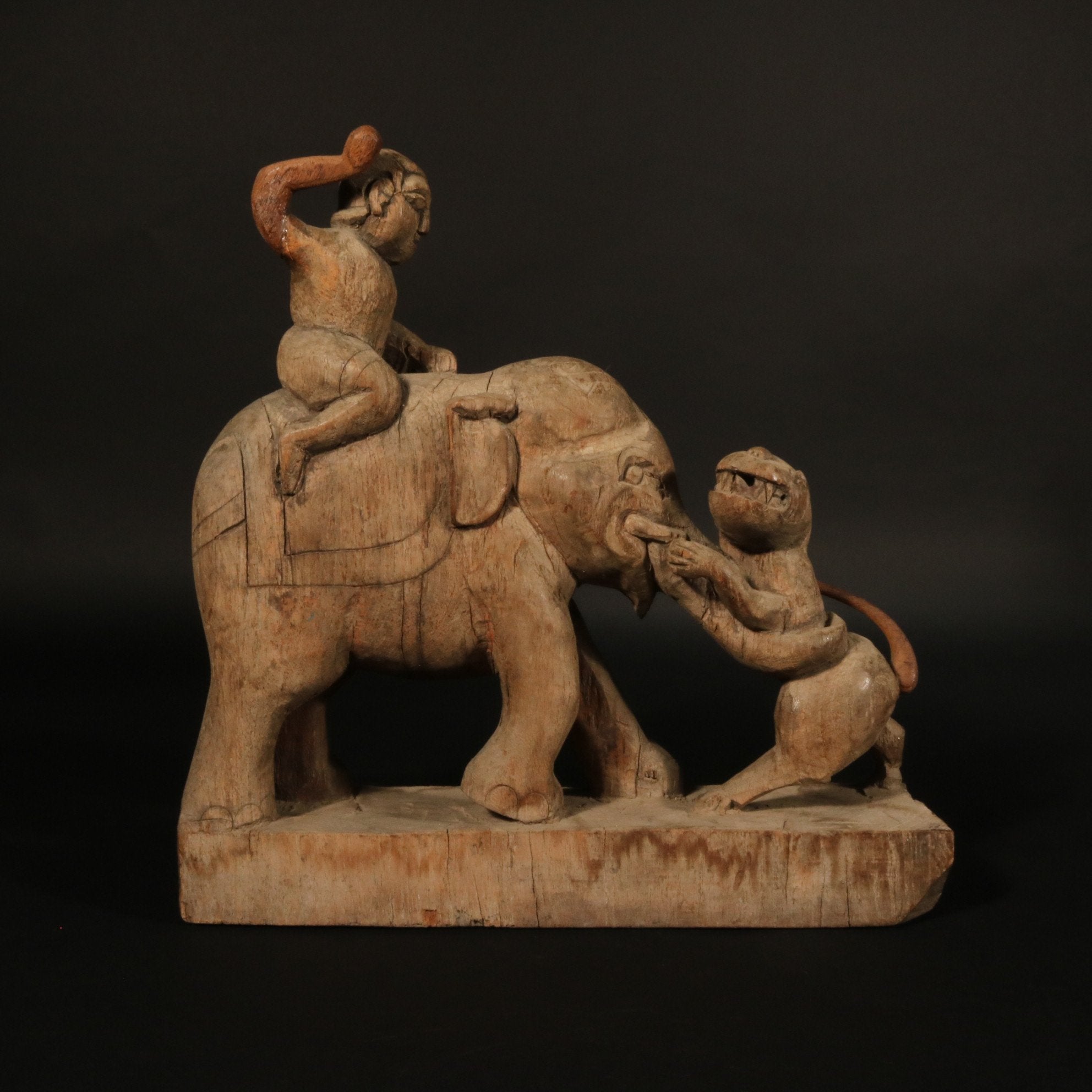 Carved Teak Statue - Elephant & Tiger | Indigo Oriental Antiques