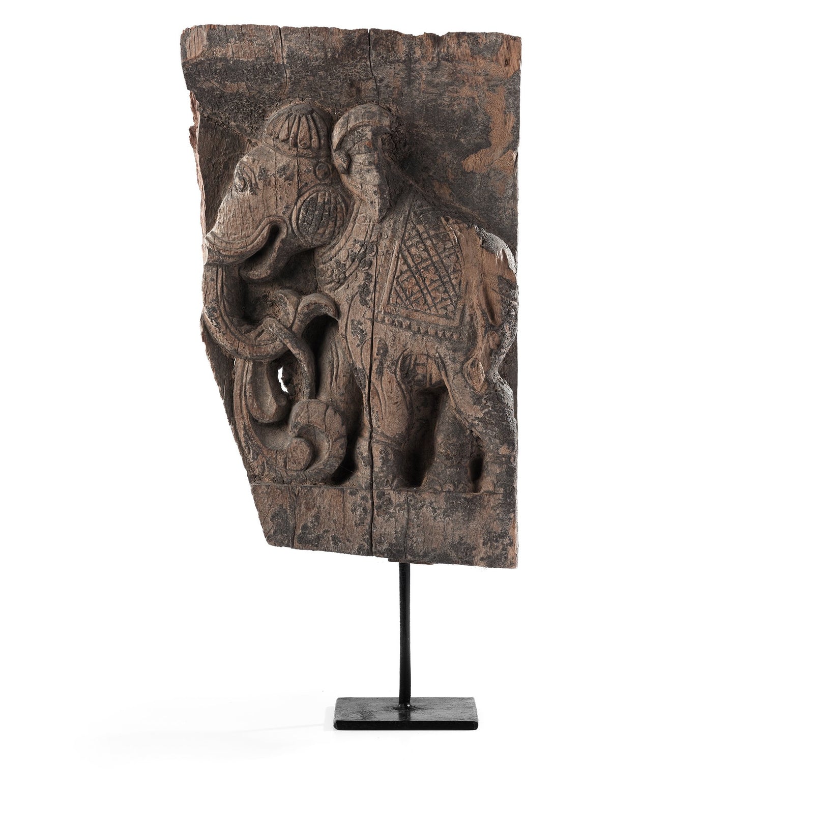 Carved Teakwood Elephant Chariot Panel  -  Early 19thC from Maharasthra - 23 x 9 x 48.5  (wxdxh cms) - A5619V1