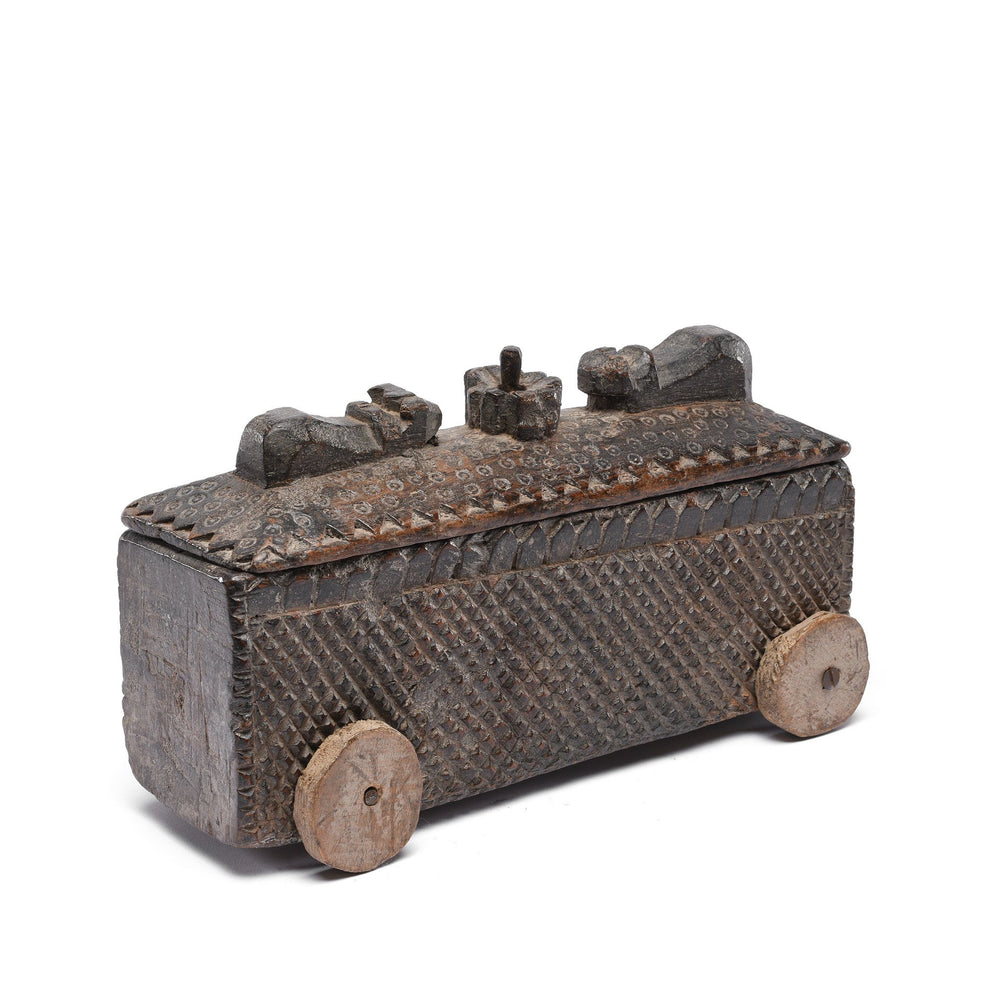 Angle View Of Carved Wood Masala Box On Wheels From Andra Pradesh - Ca 100 Yrs | Indigo Antiques