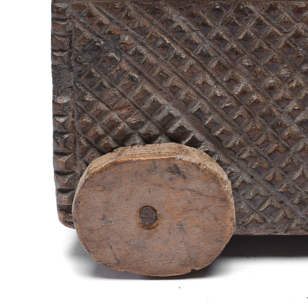 Wheel Detail From Carved Wood Masala Box On Wheels From Andra Pradesh - Ca 100 Yrs | Indigo Antiques