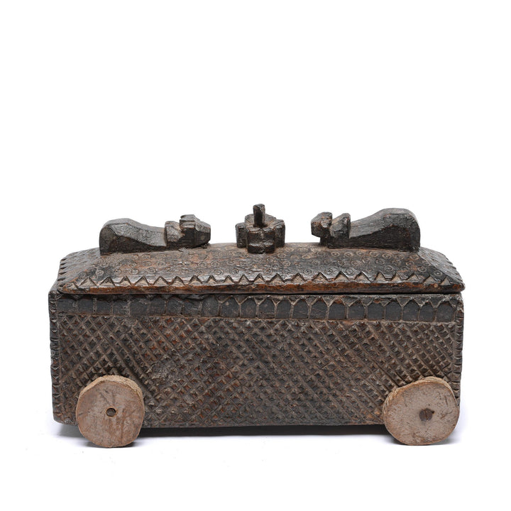 Reverse Of Carved Wood Masala Box On Wheels From Andra Pradesh - Ca 100 Yrs | Indigo Antiques