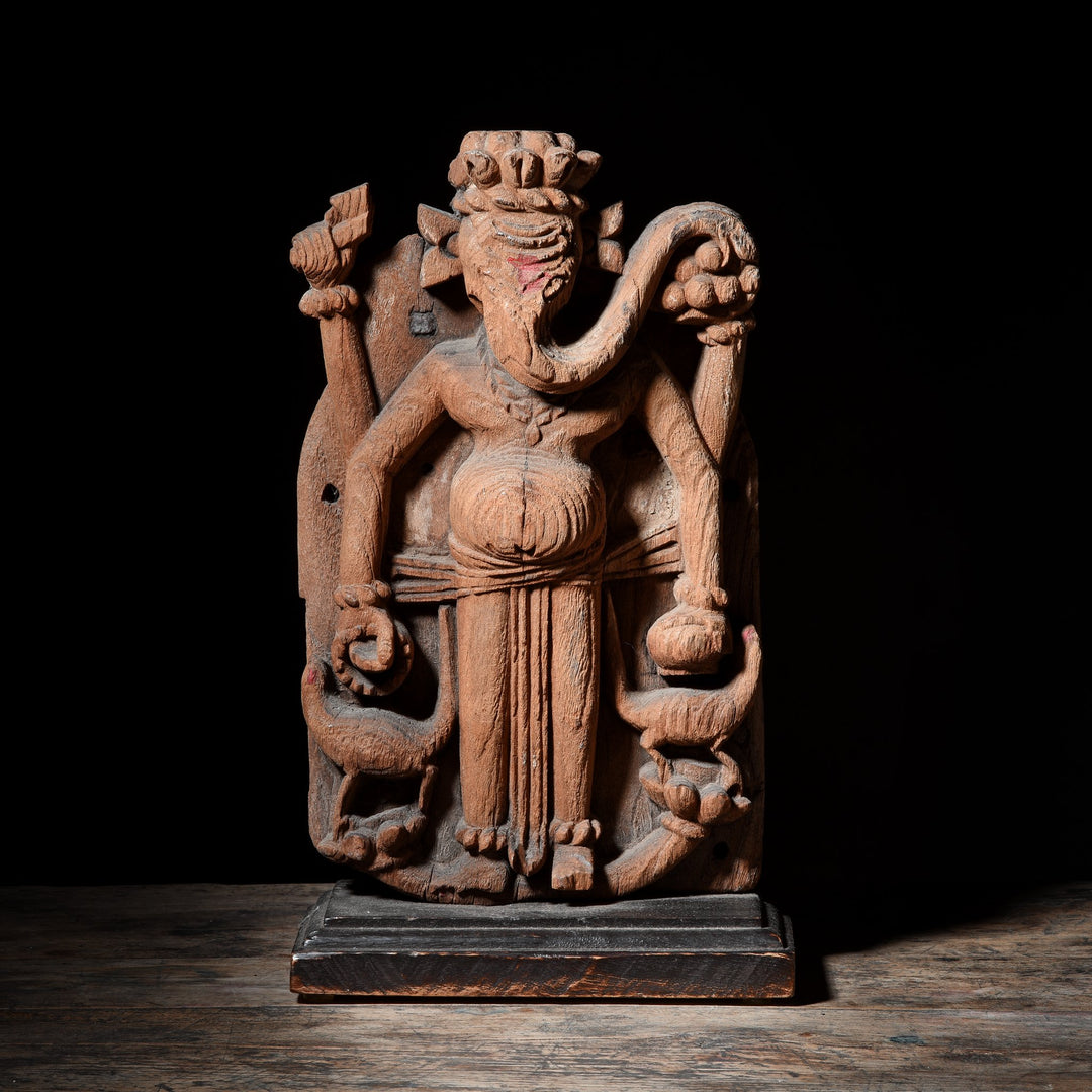 Old wooden carved Indian Ganesh statue made from teak wood - 19thC
