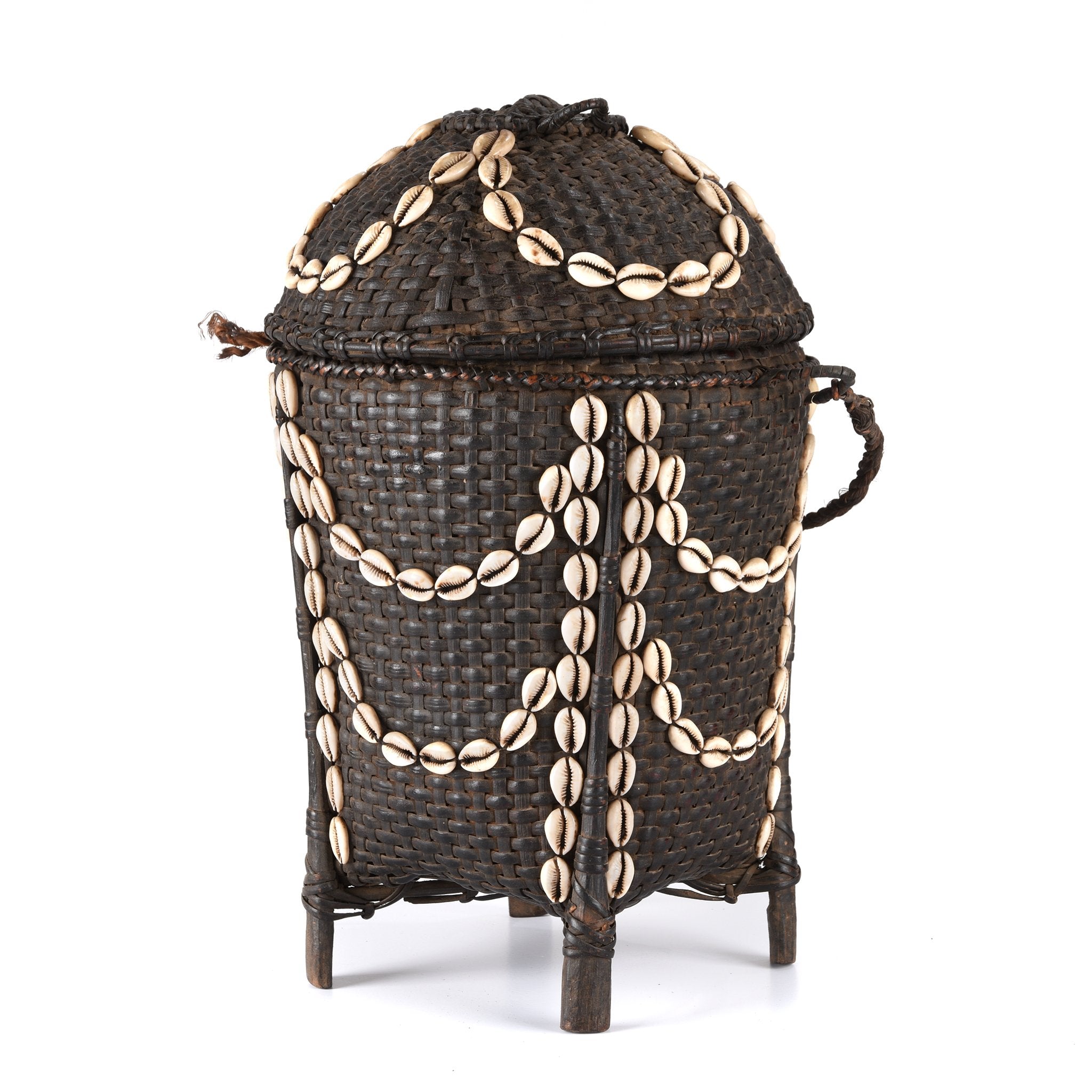 Cowrie Decorated Tribal Basket From Nagaland - Ca 1930