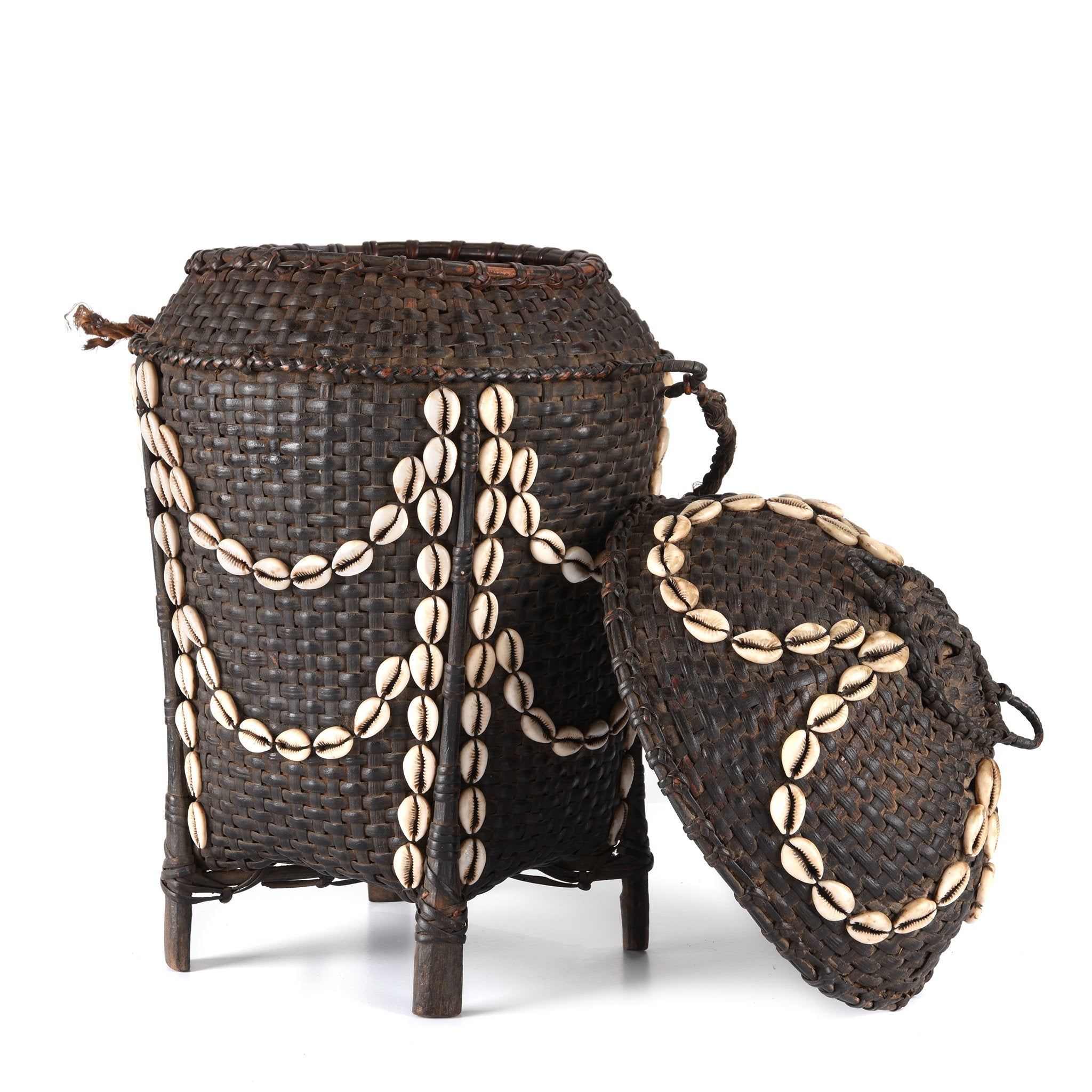 Cowrie Decorated Tribal Basket From Nagaland - Ca 1930