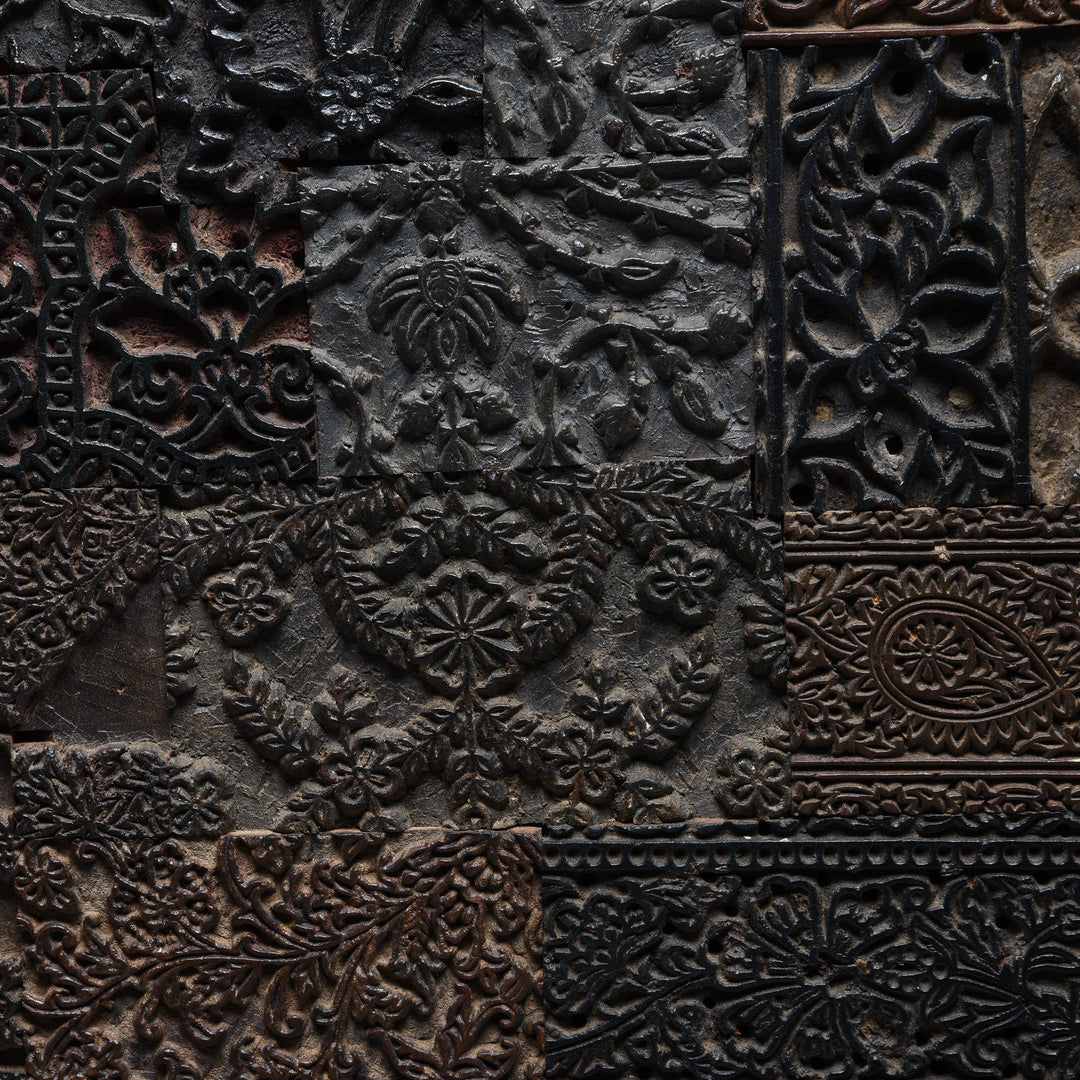 Detail of Decorative Wall Panel Made from Old Textile Printing blocks | Indigo Antiques
