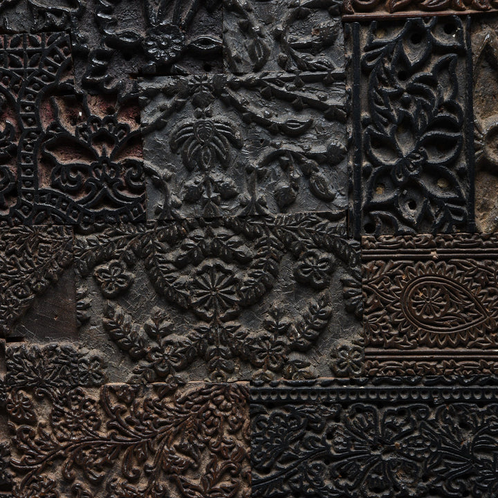 Detail of Decorative Wall Panel Made from Old Textile Printing blocks | Indigo Antiques