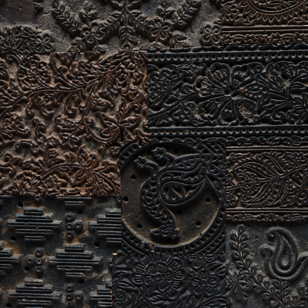 Detail Of Decorative Wall Panel Made from Old Textile Printing blocks | Indigo Antiques