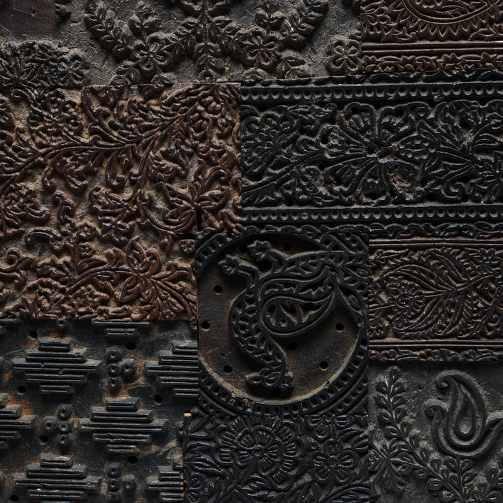 Detail Of Decorative Wall Panel Made from Old Textile Printing blocks | Indigo Antiques