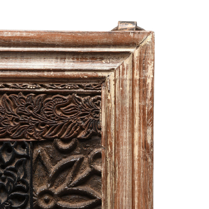 Corner Detail Of Decorative Wall Panel Made from Old Textile Printing blocks | Indigo Antiques