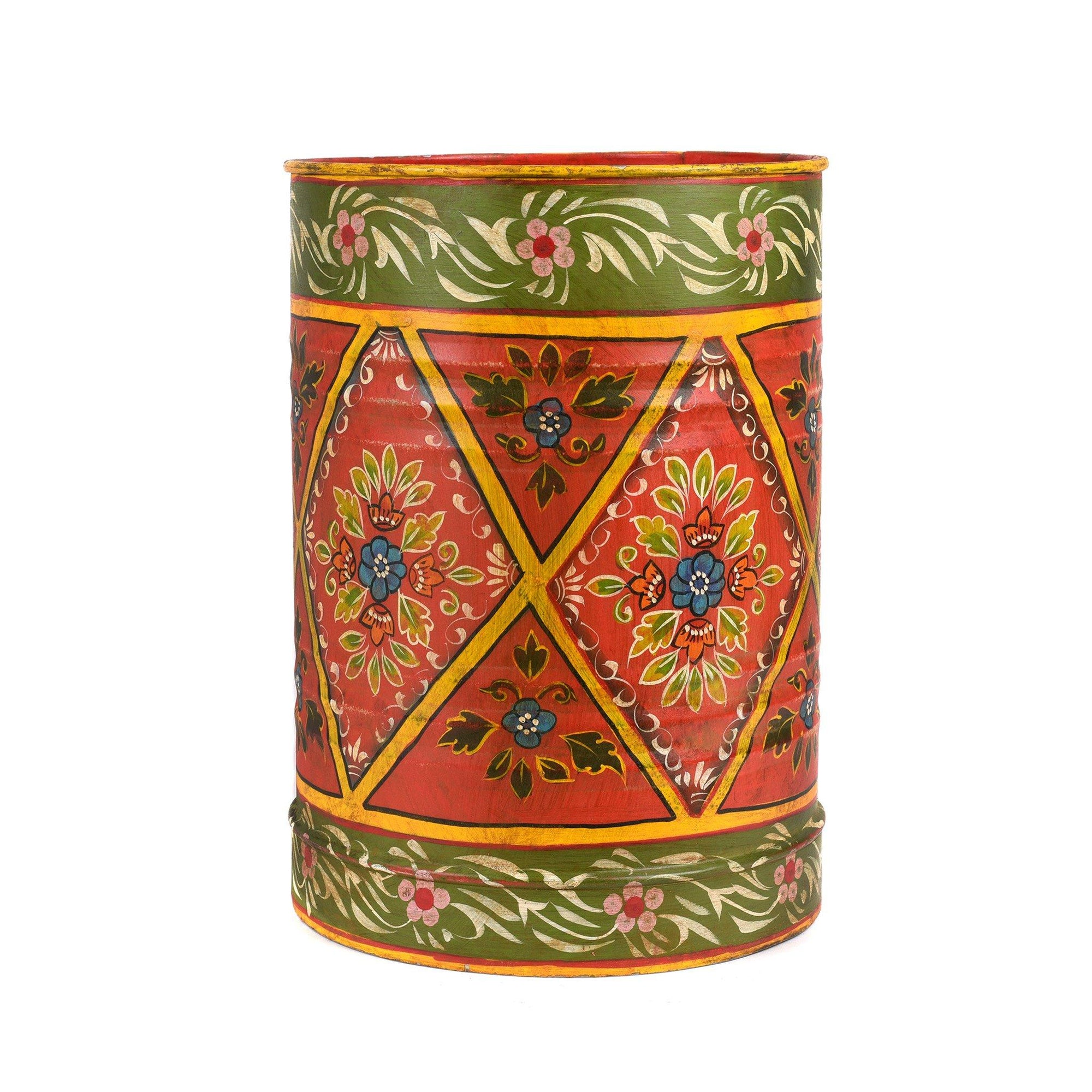 Hand Painted Red & Green Rajasthani Indian Waste Paper Bin. Can also be used as a planter or umbrella storage. | Indigo Antiques