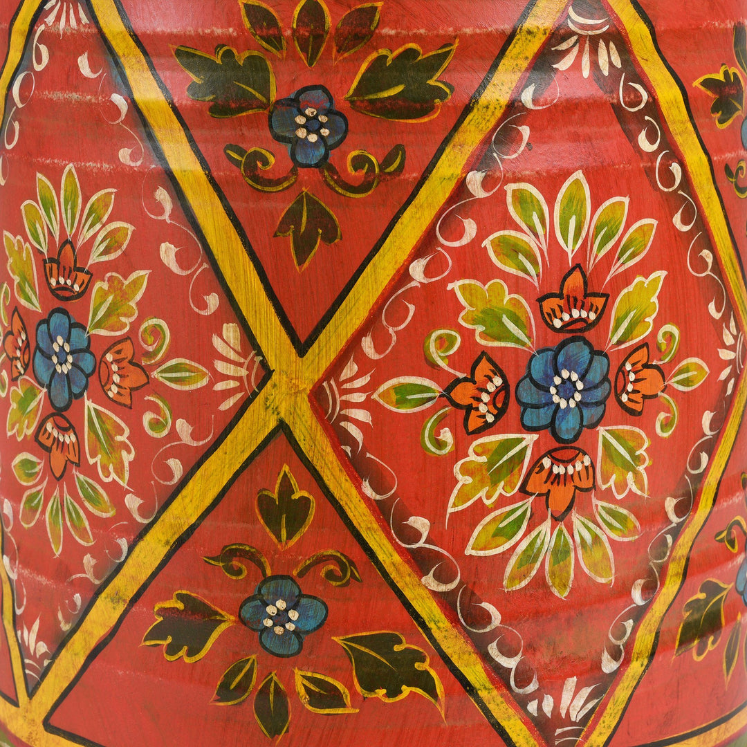 Detail of a Hand Painted Red & Green Rajasthani Indian Waste Paper Bin. Can also be used as a planter or umbrella storage. | Indigo Antiques