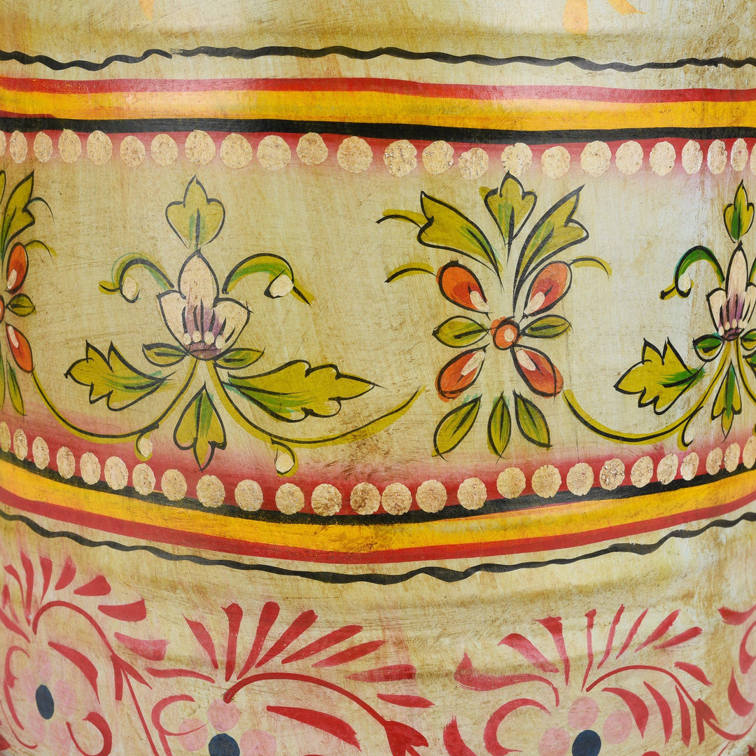 Hand Painted Aqua & Yellow Rajasthani Indian Waste Paper Bin. Can also be used as a planter or umbrella storage. | Indigo Antiques
