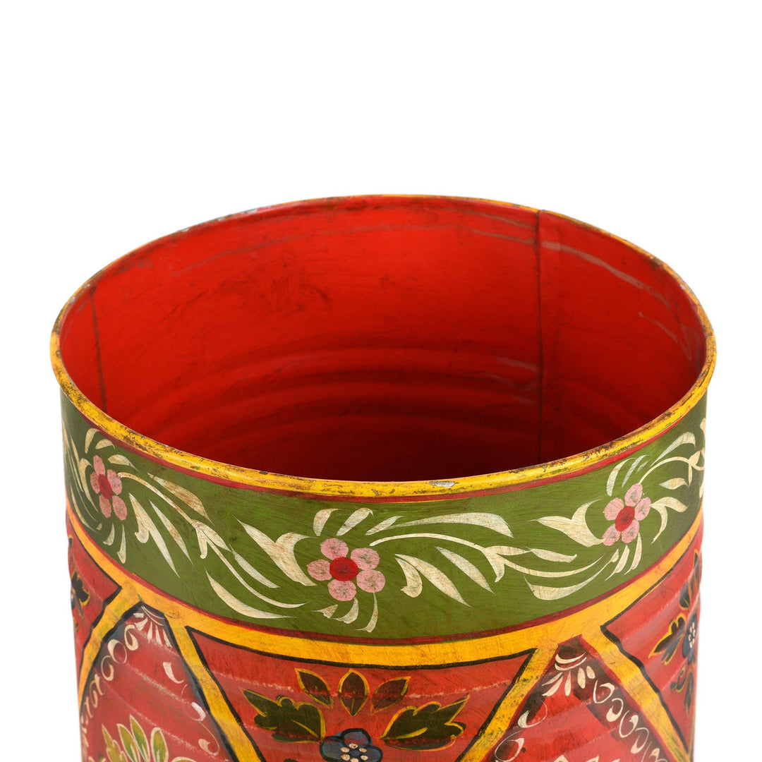 Rim Detail of a Hand Painted Red & Green Rajasthani Indian Waste Paper Bin. Can also be used as a planter or umbrella storage. | Indigo Antiques