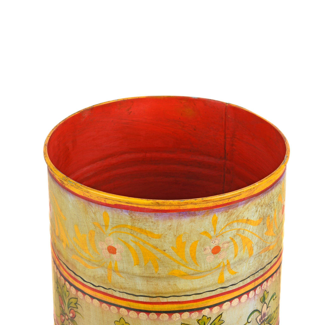 Hand Painted Aqua & Yellow Rajasthani Indian Waste Paper Bin. Can also be used as a planter or umbrella storage. | Indigo Antiques