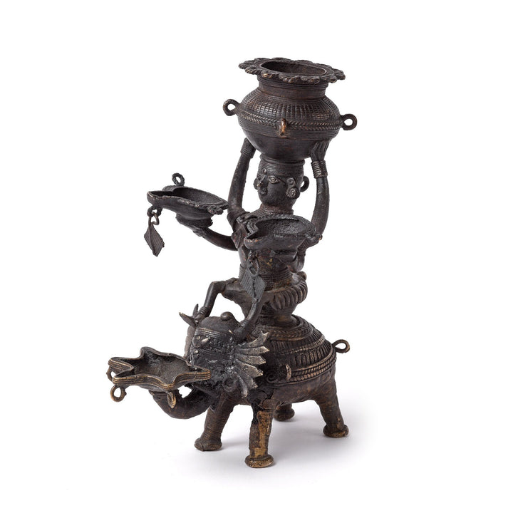 Dhokra Work Indian Panchdipa Lakshmi Figure Riding an Elephant Oil Lamp - Early 19thC | Indigo Antiques