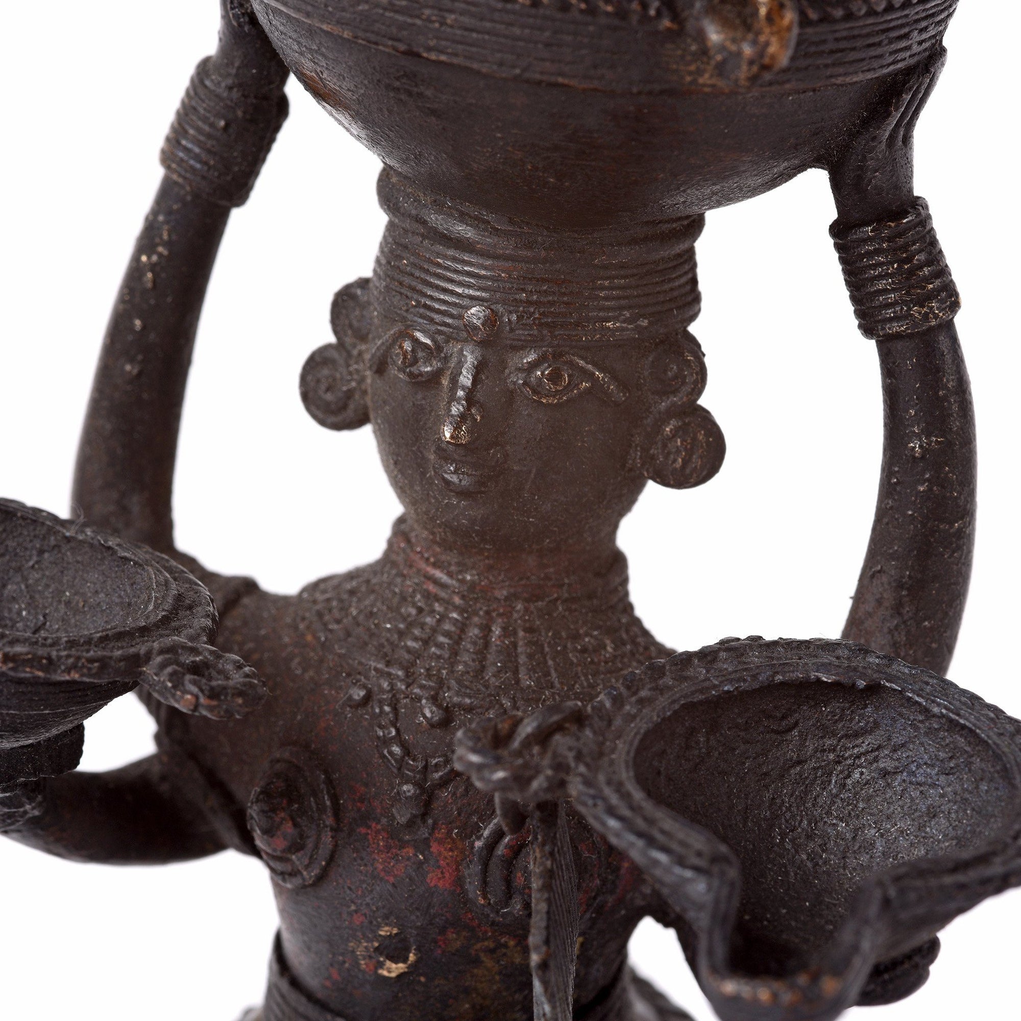 Dhokra Work Indian Panchdipa Lakshmi Figure Riding an Elephant Oil Lamp - Early 19thC | Indigo Antiques