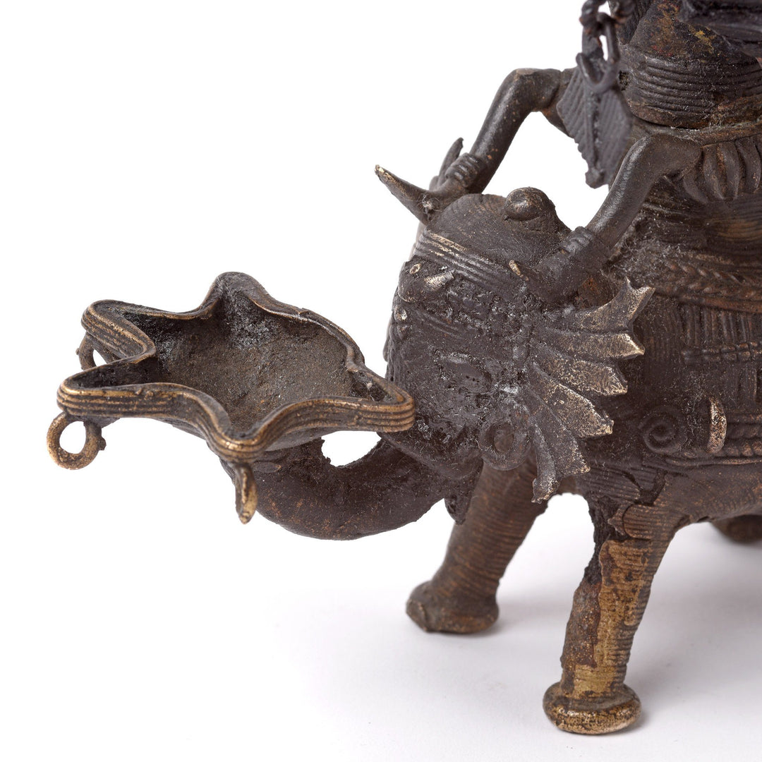 Dhokra Work Indian Panchdipa Lakshmi Figure Riding an Elephant Oil Lamp - Early 19thC | Indigo Antiques