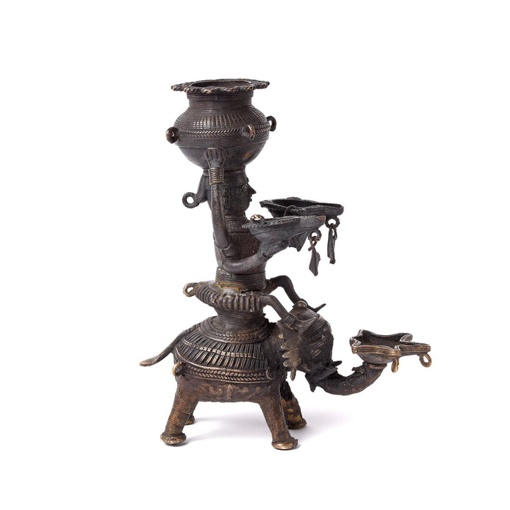 Dhokra Work Indian Panchdipa Lakshmi Figure Riding an Elephant Oil Lamp - Early 19thC | Indigo Antiques