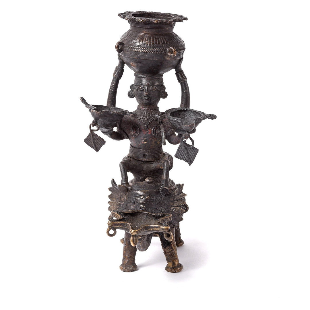 Dhokra Work Indian Panchdipa Lakshmi Figure Riding an Elephant Oil Lamp - Early 19thC | Indigo Antiques