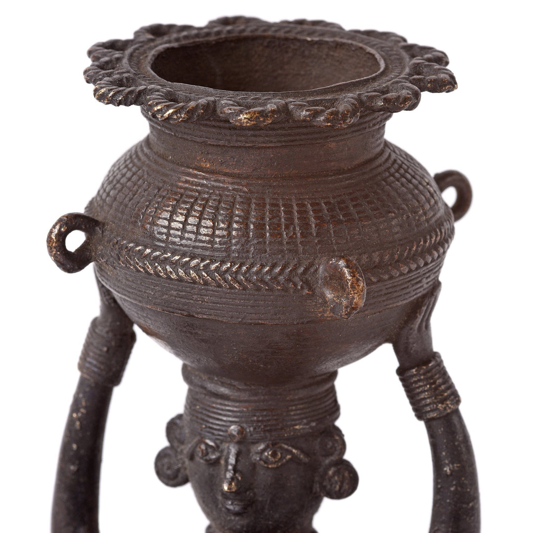 Dhokra Work Indian Panchdipa Lakshmi Figure Riding an Elephant Oil Lamp - Early 19thC | Indigo Antiques