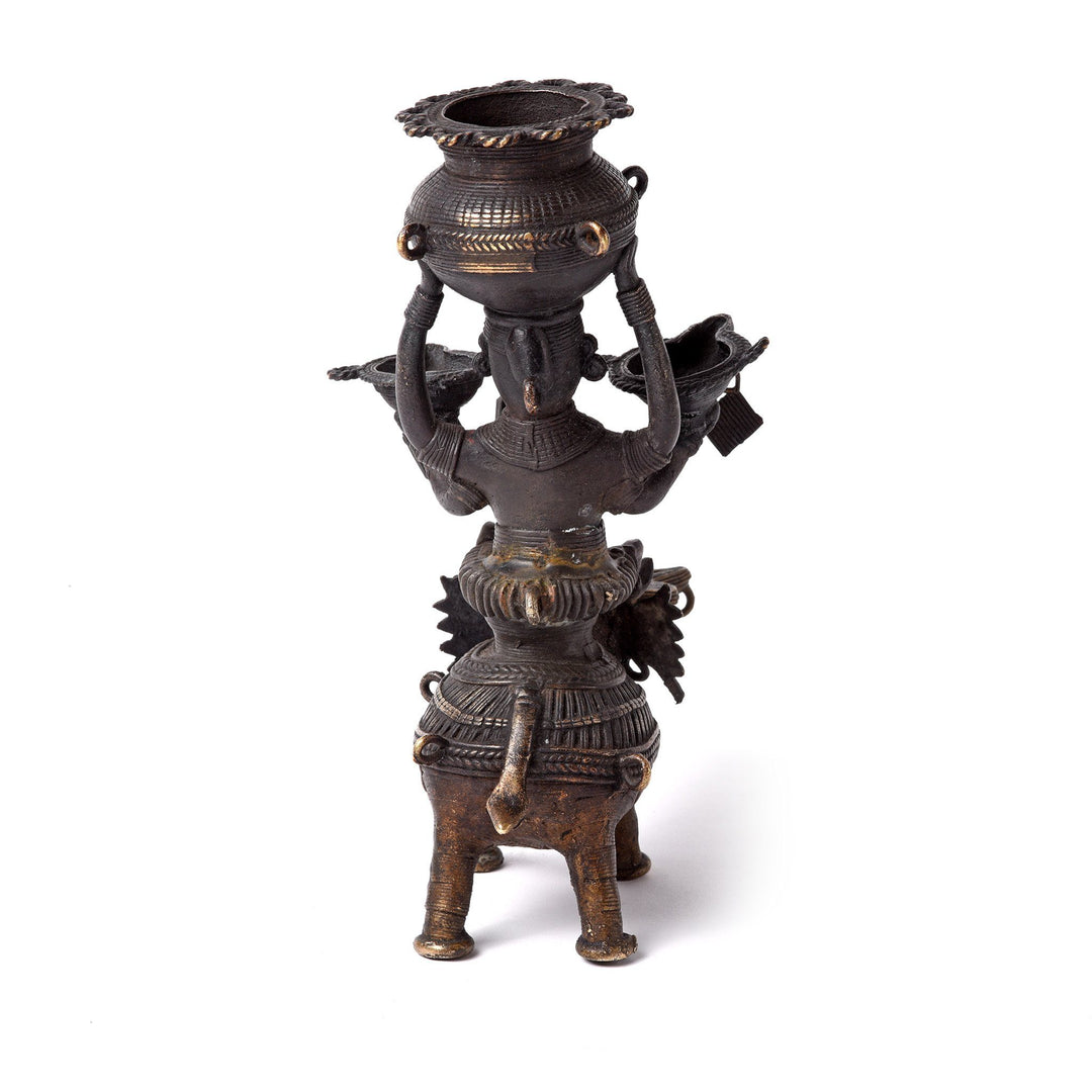 Dhokra Work Indian Panchdipa Lakshmi Figure Riding an Elephant Oil Lamp - Early 19thC | Indigo Antiques