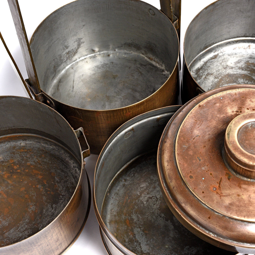 Interior View Of Large Vintage Brass Tiffin Box Set From India - Ca 80 Yrs Old | Indigo Antiques