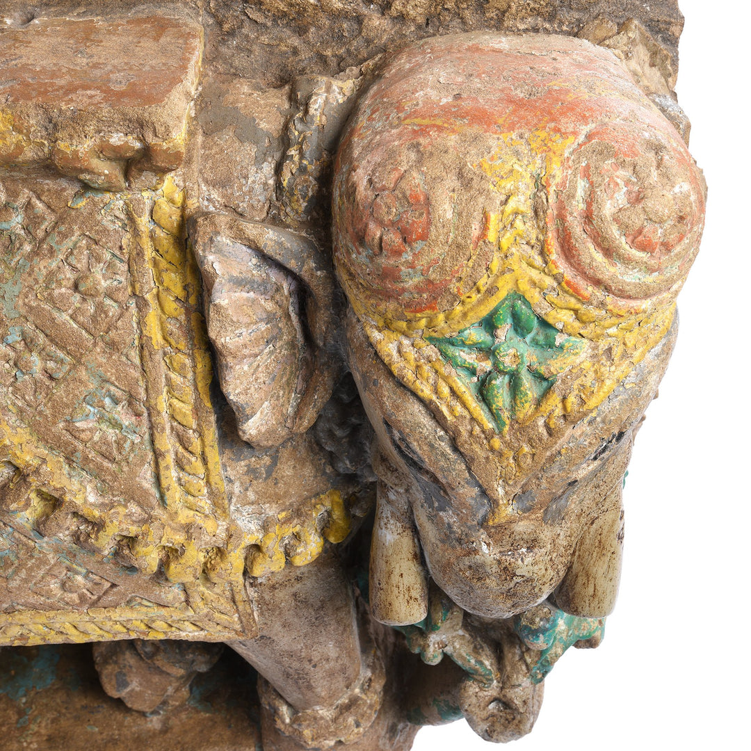 Head detail of an Old Indian Painted Stone Elephant Statue From Gujarat - 19thC | Indigo Antiques