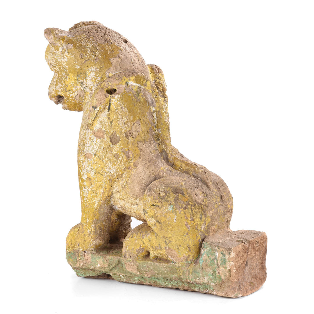 Old Painted Stone Lion Statue From Gujarat - 19thC