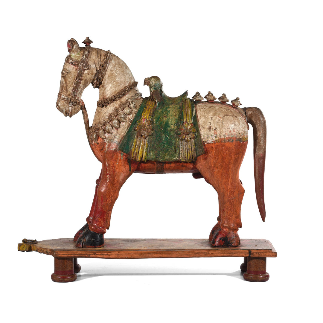 A rare painted teak horse from Patan, India carved in the 19th century. 
