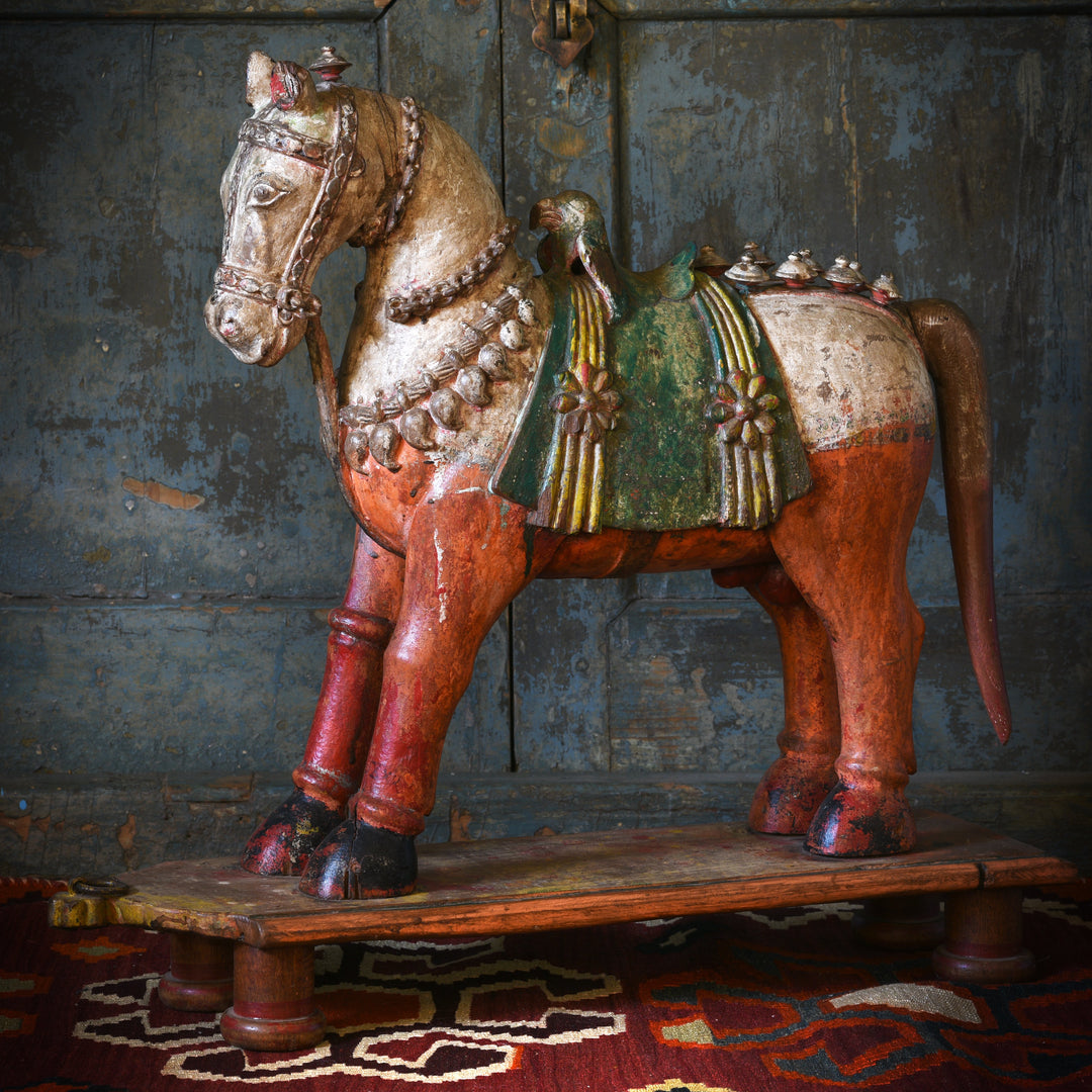 A rare painted teak horse from Patan, India carved in the 19th century. 