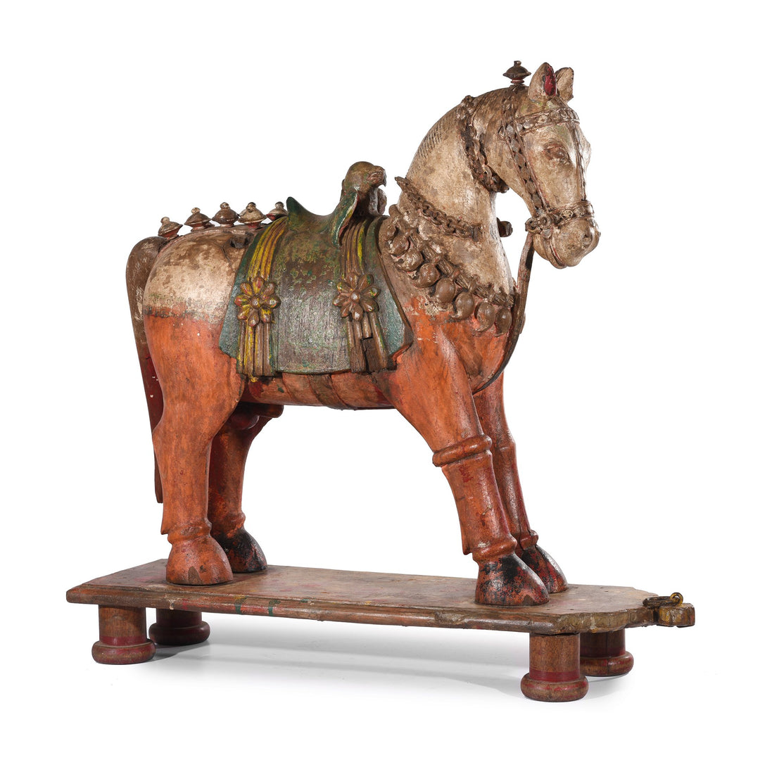 A rare painted teak horse from Patan, India carved in the 19th century. 