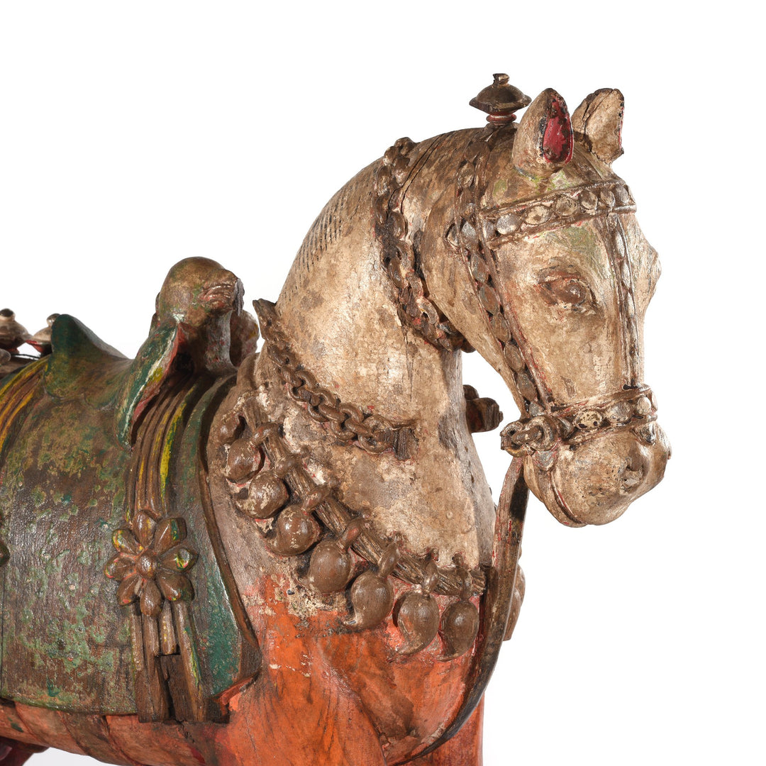 A rare painted teak horse from Patan, India carved in the 19th century. 