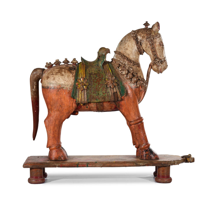 A rare painted teak horse from Patan, India carved in the 19th century. 