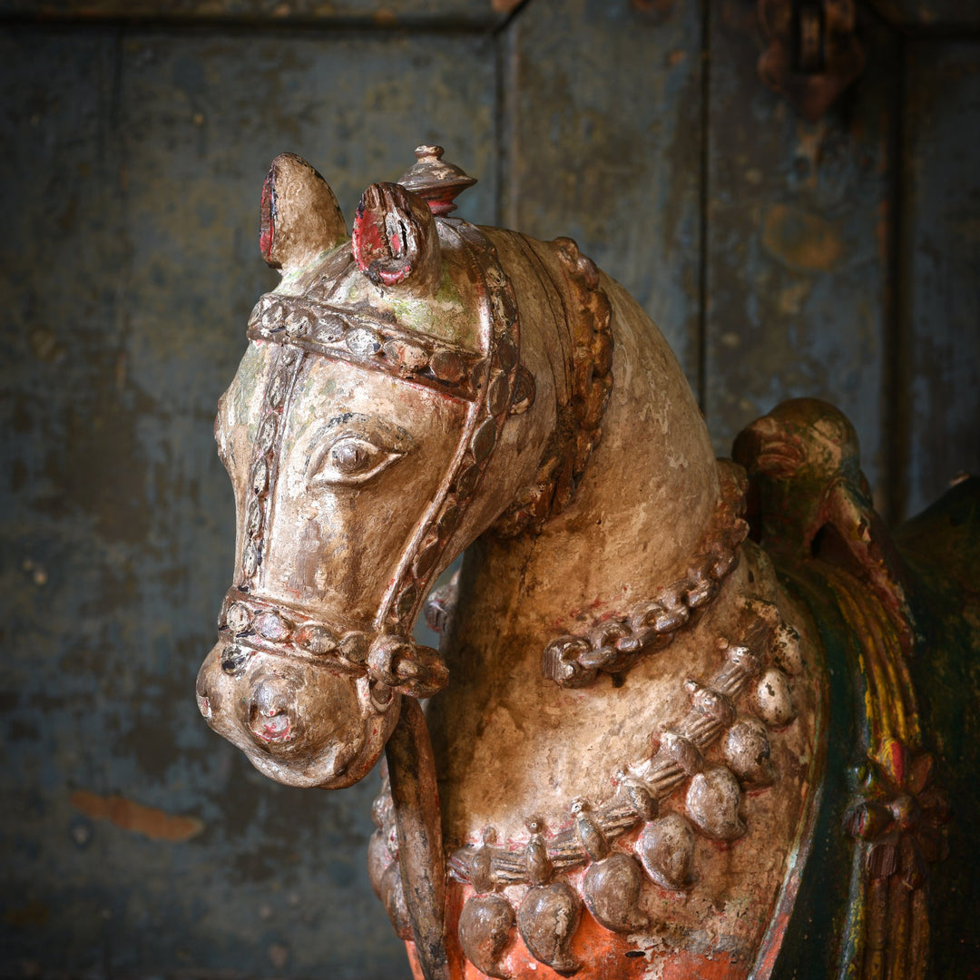 A rare painted teak horse from Patan, India carved in the 19th century. 