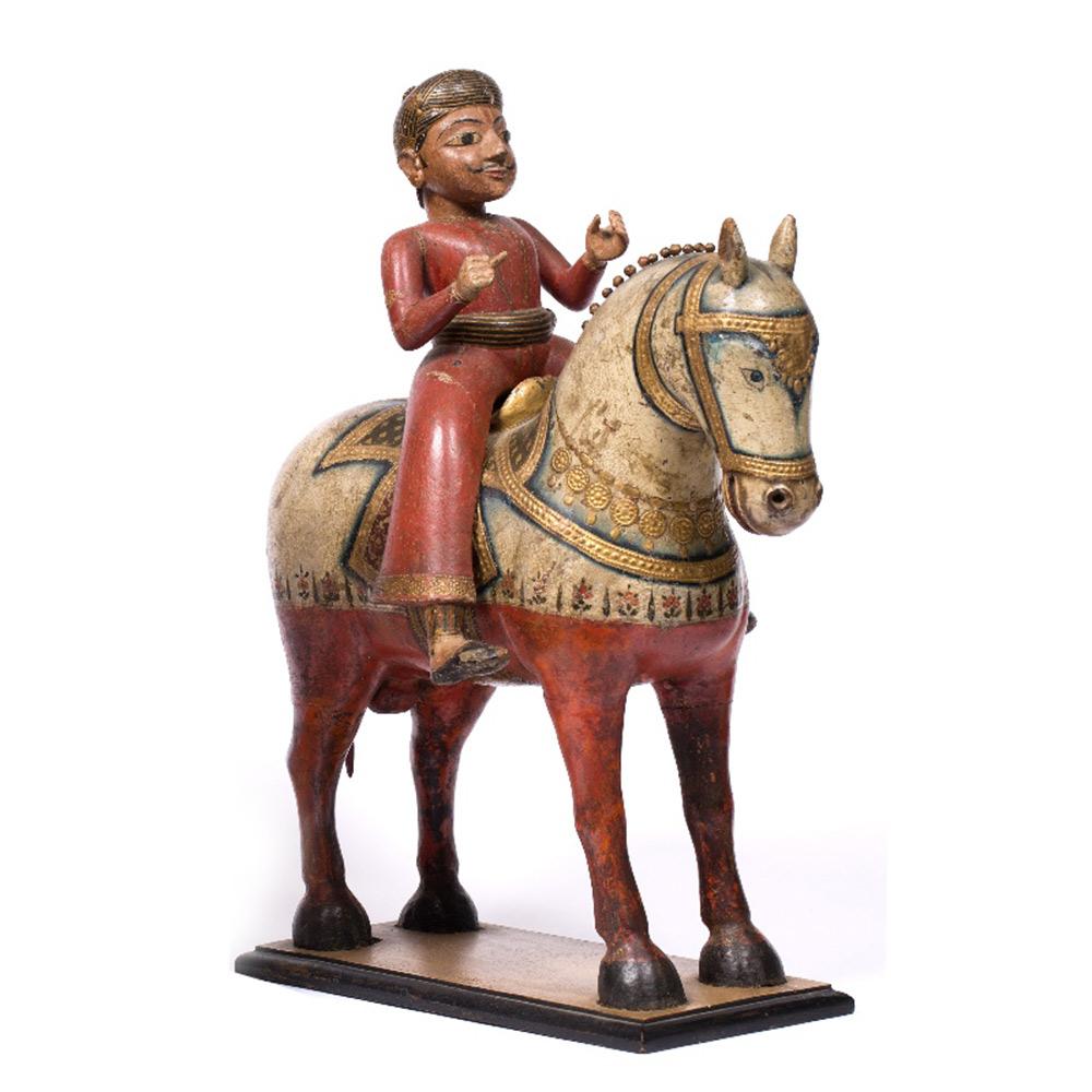 Painted Carved Horse & Rider from Rajasthan circa 1900 | Indigo Oriental Antiques